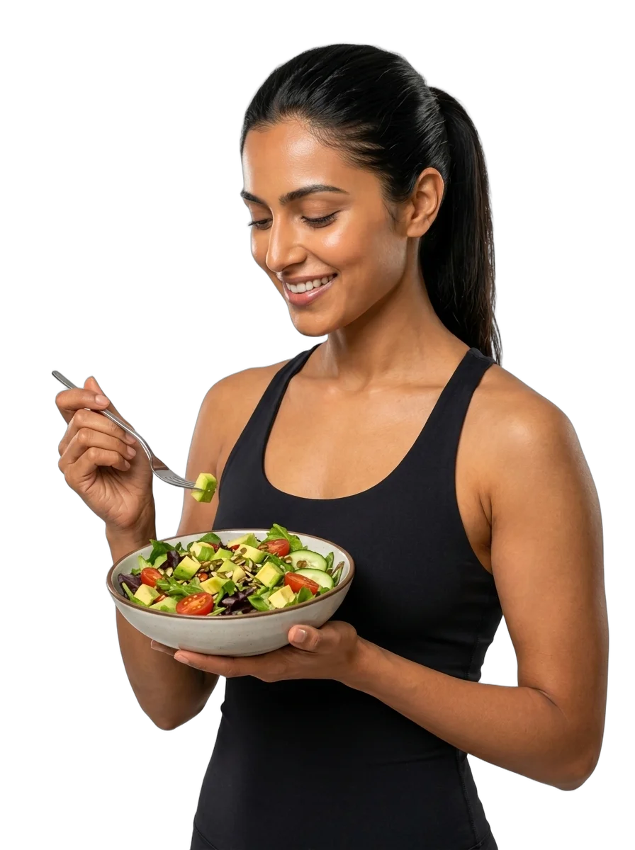 Xcergy member in a black singlet enjoying a healthy salad bowl