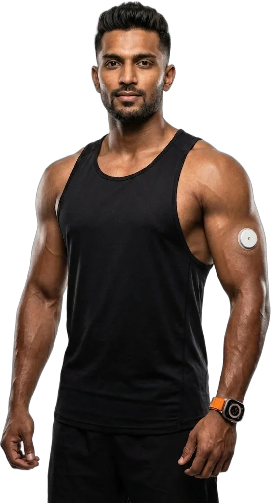 Xcergy Athlete - Muscular Male in Black Singlet with Apple Watch Ultra and CGM on Arm